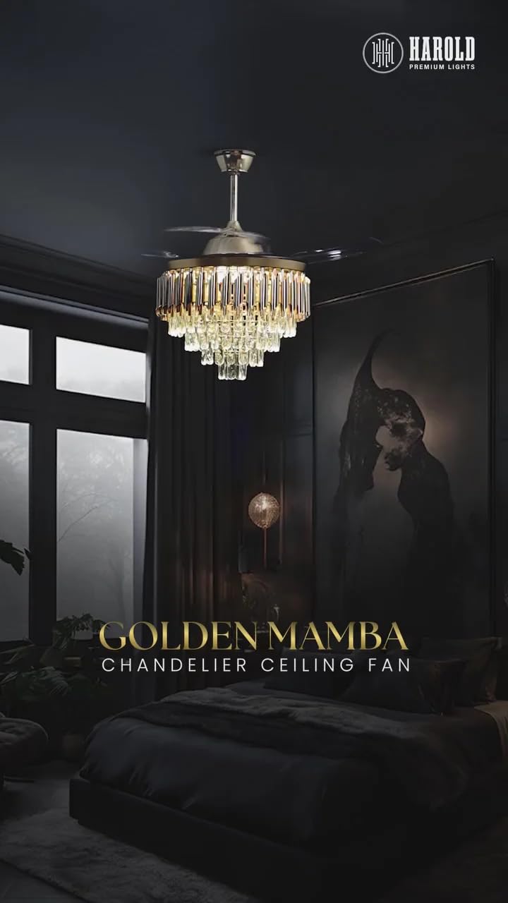Harold Electricals Metal 42 Inchs Black Mamba Ceiling Fan Chandelier with Remote Control Retractable Blades - Trio Light Color(Inbuilt Led)