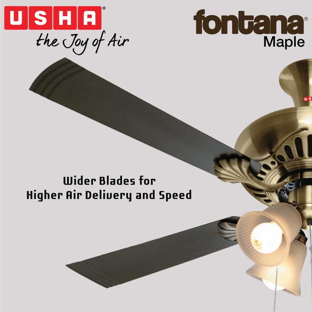 Usha Fontana Maple 1250mm ISI Ceiling Fan with Decorative Lights,BEE Star Rated,100% Copper Motor,RF Remote,High Air Speed & Delivery,2 Year Warranty,(Antique Brass Black) Pack of 1,Free Installation
