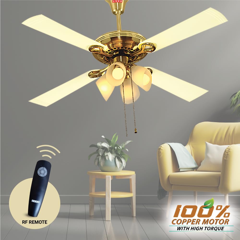 USHA Fontana Lotus 1230mm ISI Ceiling Fan with Decorative Lights,BEE Star Rated,100% Copper Motor,RF Remote,High Air Speed & Delivery,2 Year Warranty,(Gold Ivory) Pack of 1,Free Installation