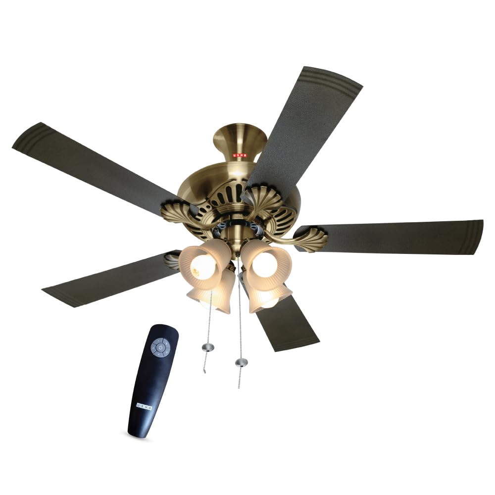 Usha Fontana Maple 1250mm ISI Ceiling Fan with Decorative Lights,BEE Star Rated,100% Copper Motor,RF Remote,High Air Speed & Delivery,2 Year Warranty,(Antique Brass Black) Pack of 1,Free Installation