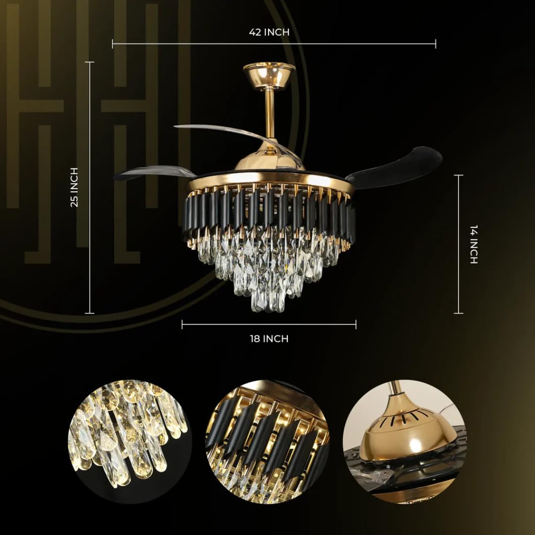 Harold Electricals Metal 42 Inchs Black Mamba Ceiling Fan Chandelier with Remote Control Retractable Blades - Trio Light Color(Inbuilt Led)