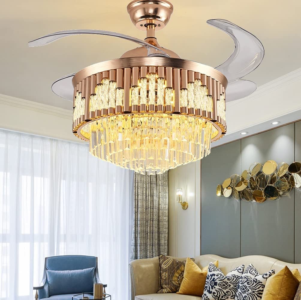 Harold Electricals Metal 42 Inchs Black Mamba Ceiling Fan Chandelier with Remote Control Retractable Blades - Trio Light Color(Inbuilt Led)