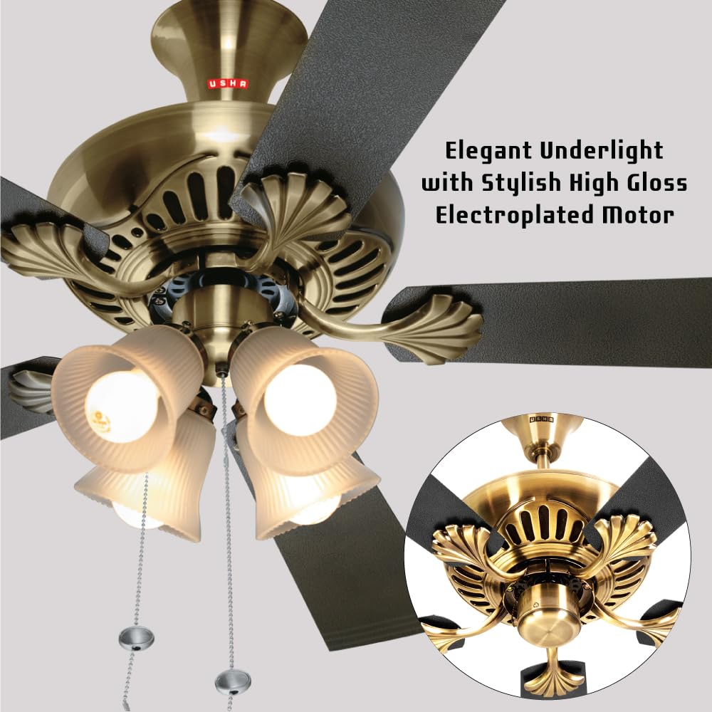 Usha Fontana Maple 1250mm ISI Ceiling Fan with Decorative Lights,BEE Star Rated,100% Copper Motor,RF Remote,High Air Speed & Delivery,2 Year Warranty,(Antique Brass Black) Pack of 1,Free Installation
