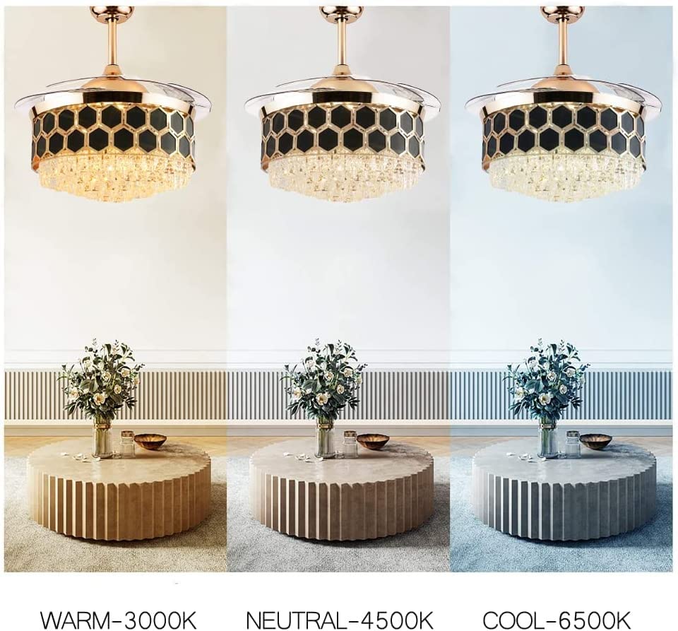 Harold Electricals Metal 42 Inchs Black Mamba Ceiling Fan Chandelier with Remote Control Retractable Blades - Trio Light Color(Inbuilt Led)