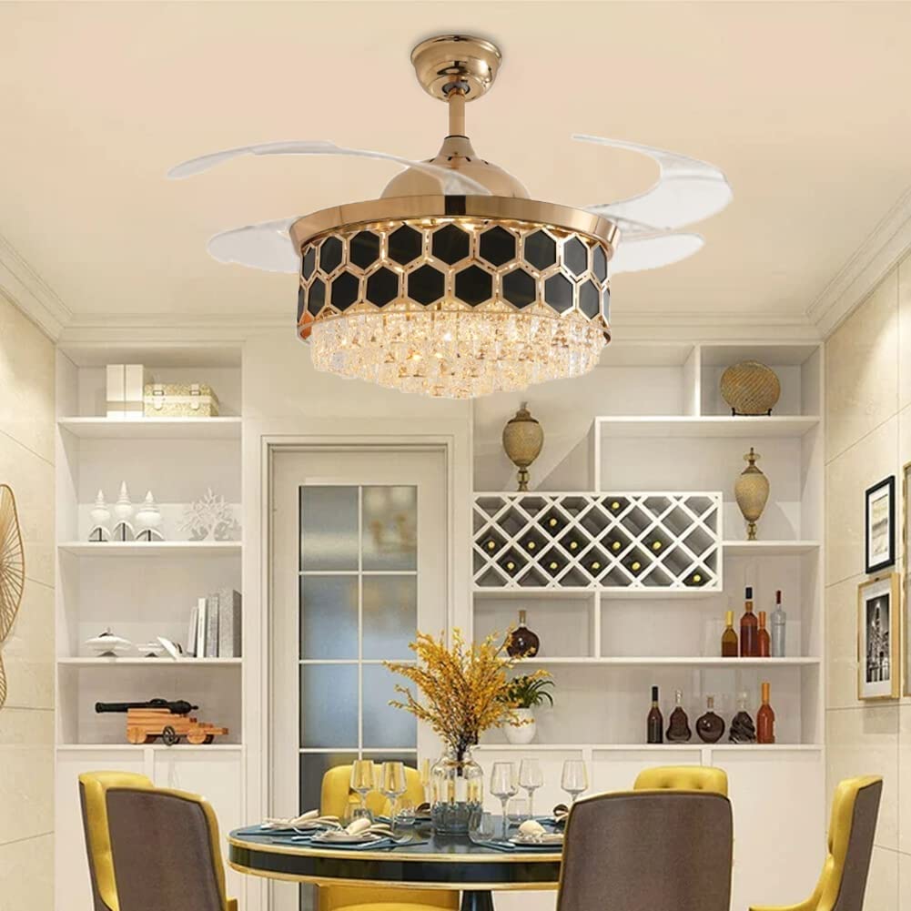 Harold Electricals Metal 42 Inchs Black Mamba Ceiling Fan Chandelier with Remote Control Retractable Blades - Trio Light Color(Inbuilt Led)