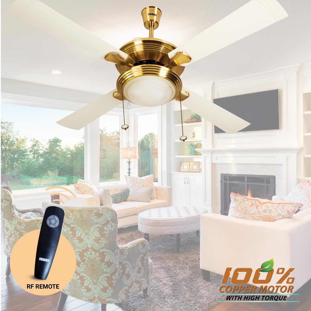 USHA Fontana One 1270Mm ISI Ceiling Fan With Decorative Lights | BEE Star Rated | 100% Copper Motor | RF Remote,High Air Speed And Delivery | 2 Year Warranty | ( Antique Brass ) | Free Installation