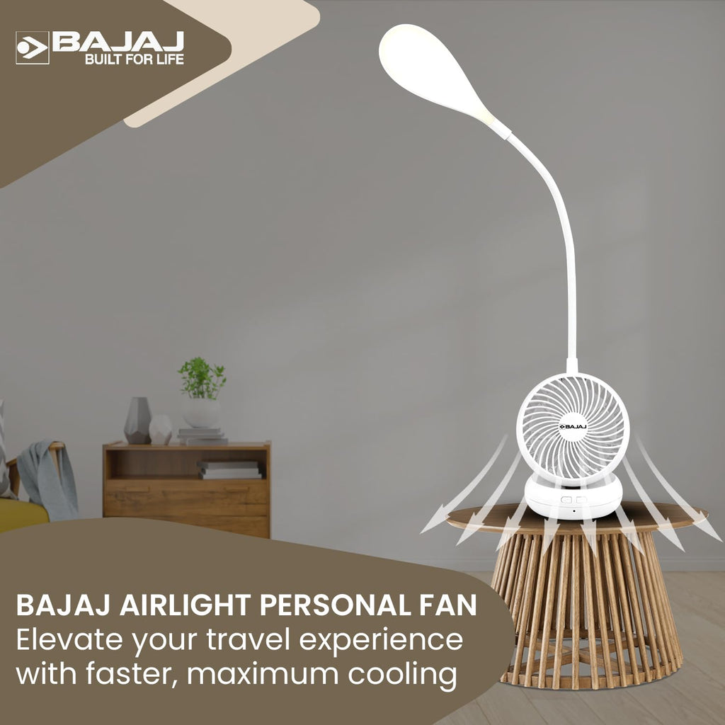 Bajaj Pygmy Go 178MM Mini Fan with LED Lighting | Rechargeable | USB Charging | 4-hours Battery Backup | 3 Speed | 2-Light Brightness Setting | High Speed | Portable【Blue】