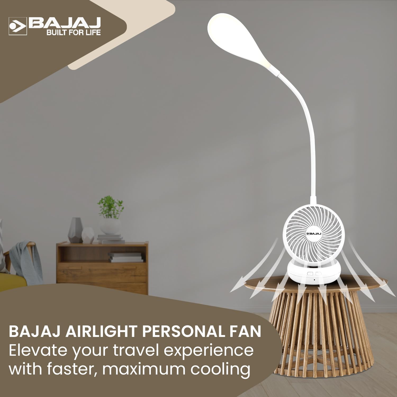 Bajaj Pygmy Go 178MM Mini Fan with LED Lighting | Rechargeable | USB Charging | 4-hours Battery Backup | 3 Speed | 2-Light Brightness Setting | High Speed | Portable【Blue】