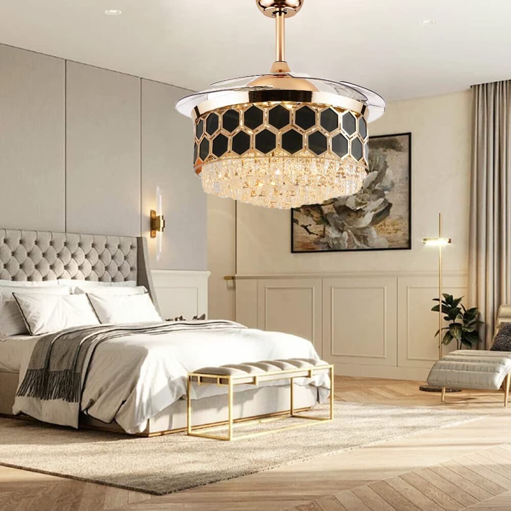 Harold Electricals Metal 42 Inchs Black Mamba Ceiling Fan Chandelier with Remote Control Retractable Blades - Trio Light Color(Inbuilt Led)