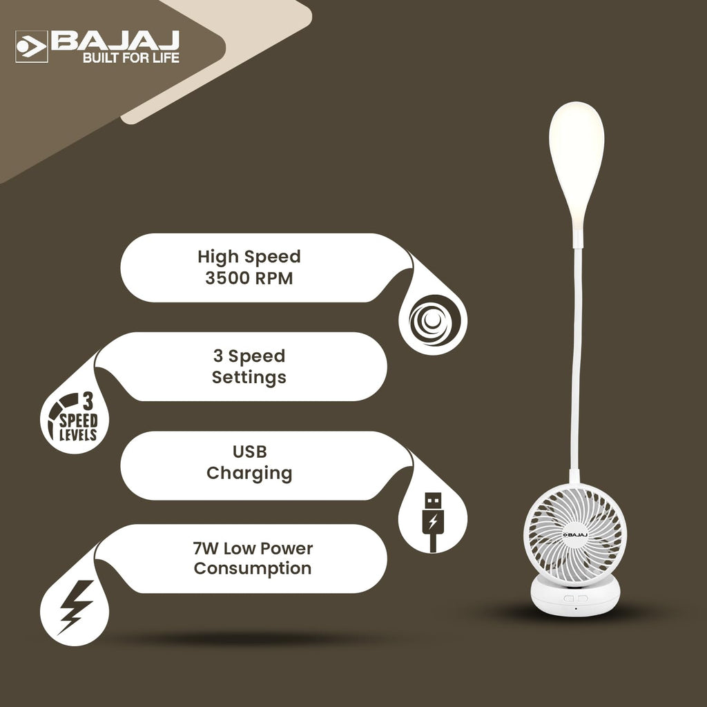 Bajaj Pygmy Go 178MM Mini Fan with LED Lighting | Rechargeable | USB Charging | 4-hours Battery Backup | 3 Speed | 2-Light Brightness Setting | High Speed | Portable【Blue】