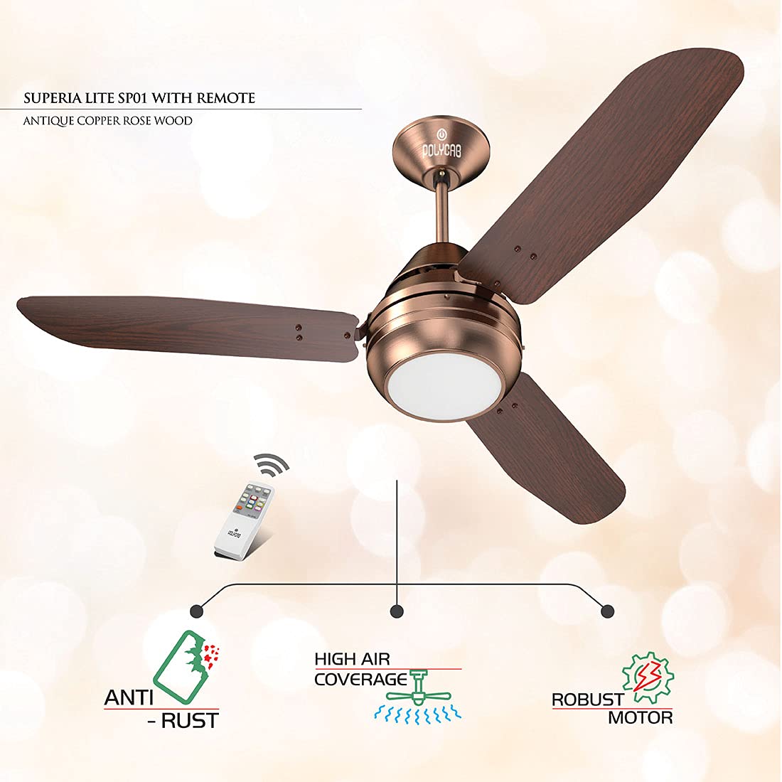 Polycab Superia SP02 Star Rated Premium BLDC 1200mm Ceiling Fan for home with Remote | Energy Saving, Clip-On Underlights, 100% Copper | 2-yr Warranty【Copper Rosewood】