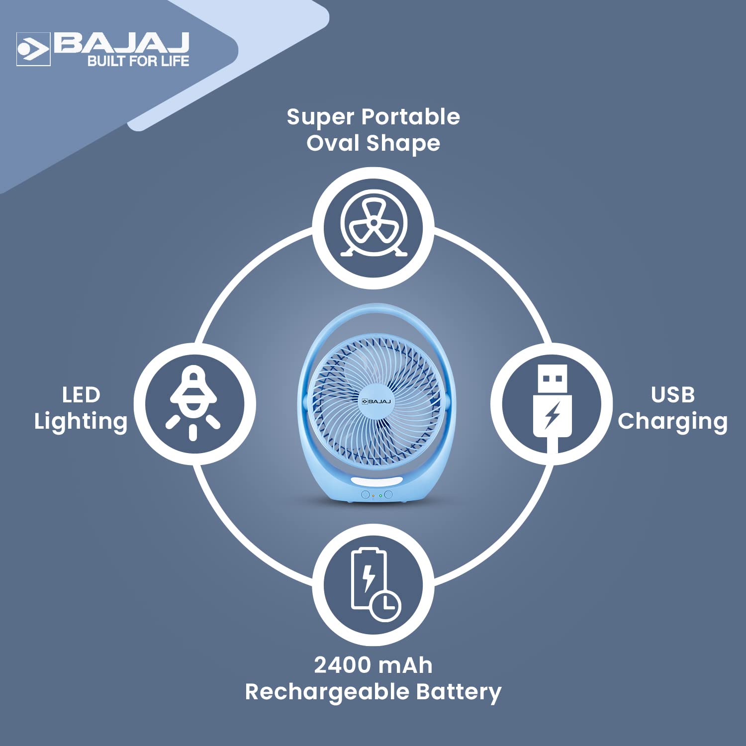 Bajaj Pygmy Go 178MM Mini Fan with LED Lighting | Rechargeable | USB Charging | 4-hours Battery Backup | 3 Speed | 2-Light Brightness Setting | High Speed | Portable【Blue】