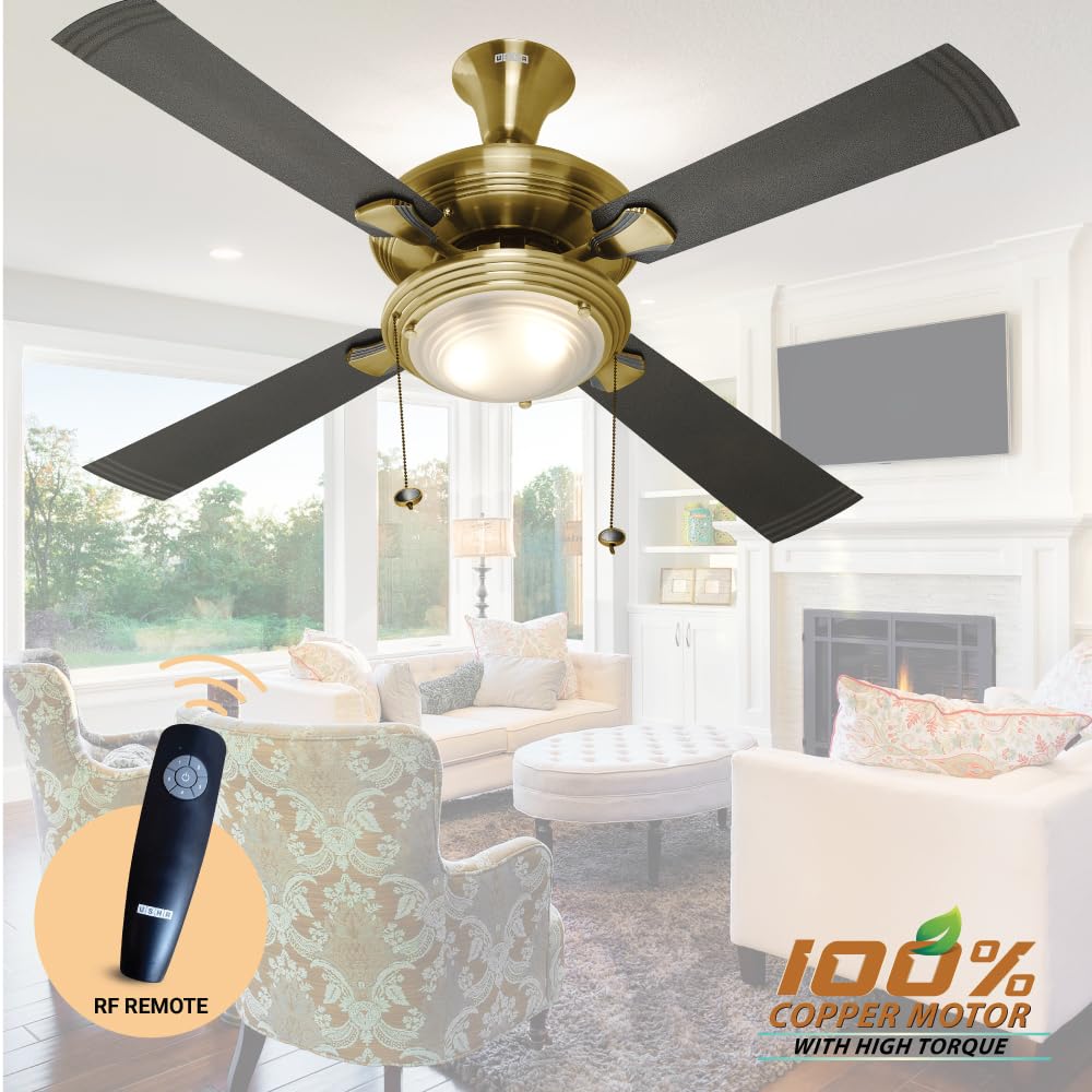 USHA Fontana One 1270Mm ISI Ceiling Fan With Decorative Lights | BEE Star Rated | 100% Copper Motor | RF Remote,High Air Speed And Delivery | 2 Year Warranty | ( Antique Brass ) | Free Installation