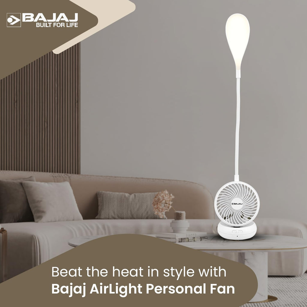 Bajaj Pygmy Go 178MM Mini Fan with LED Lighting | Rechargeable | USB Charging | 4-hours Battery Backup | 3 Speed | 2-Light Brightness Setting | High Speed | Portable【Blue】