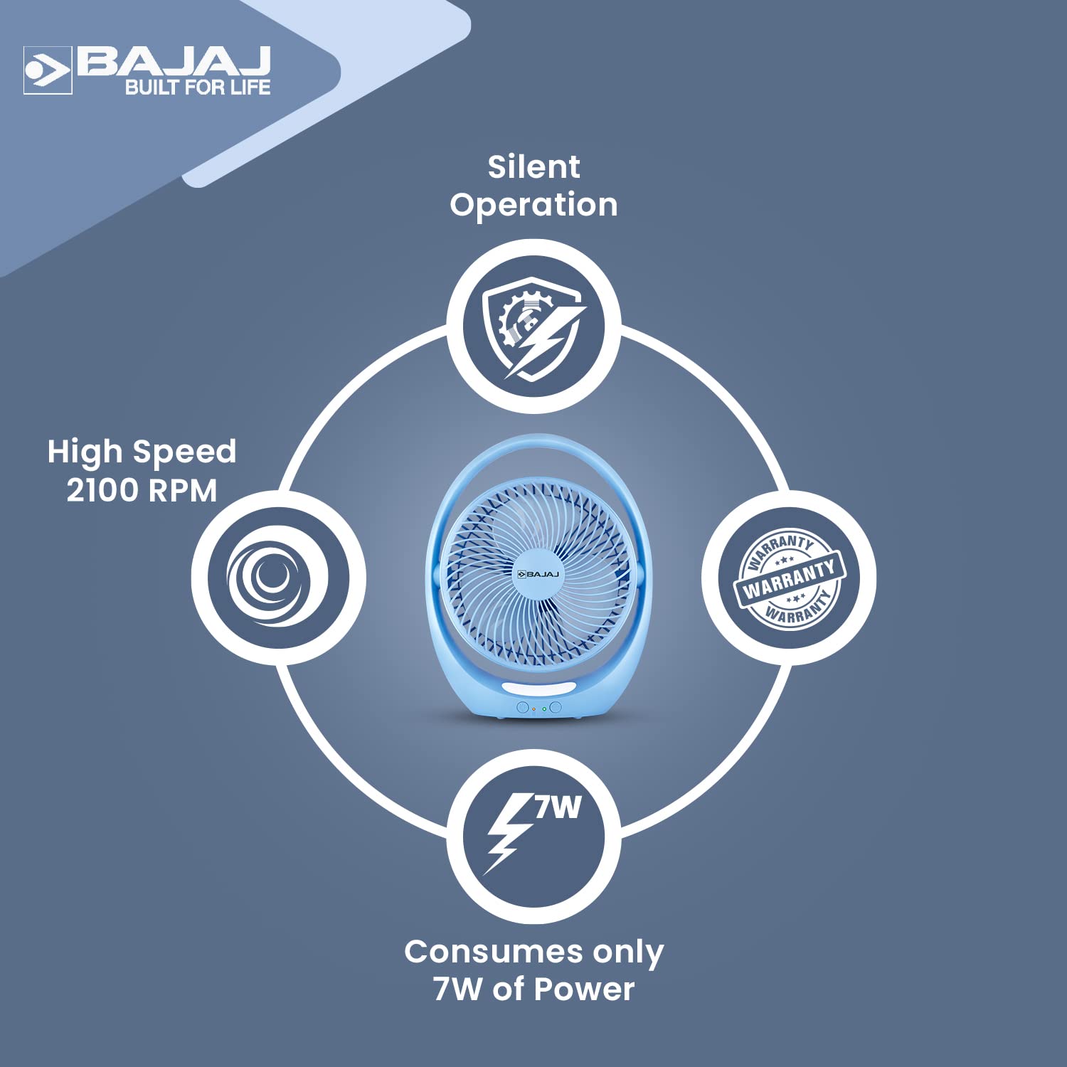 Bajaj Pygmy Go 178MM Mini Fan with LED Lighting | Rechargeable | USB Charging | 4-hours Battery Backup | 3 Speed | 2-Light Brightness Setting | High Speed | Portable【Blue】