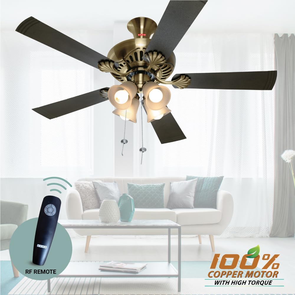 Usha Fontana Maple 1250mm ISI Ceiling Fan with Decorative Lights,BEE Star Rated,100% Copper Motor,RF Remote,High Air Speed & Delivery,2 Year Warranty,(Antique Brass Black) Pack of 1,Free Installation
