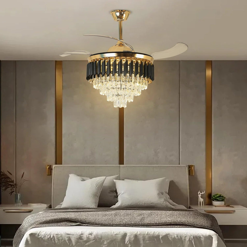 Harold Electricals Metal 42 Inchs Black Mamba Ceiling Fan Chandelier with Remote Control Retractable Blades - Trio Light Color(Inbuilt Led)