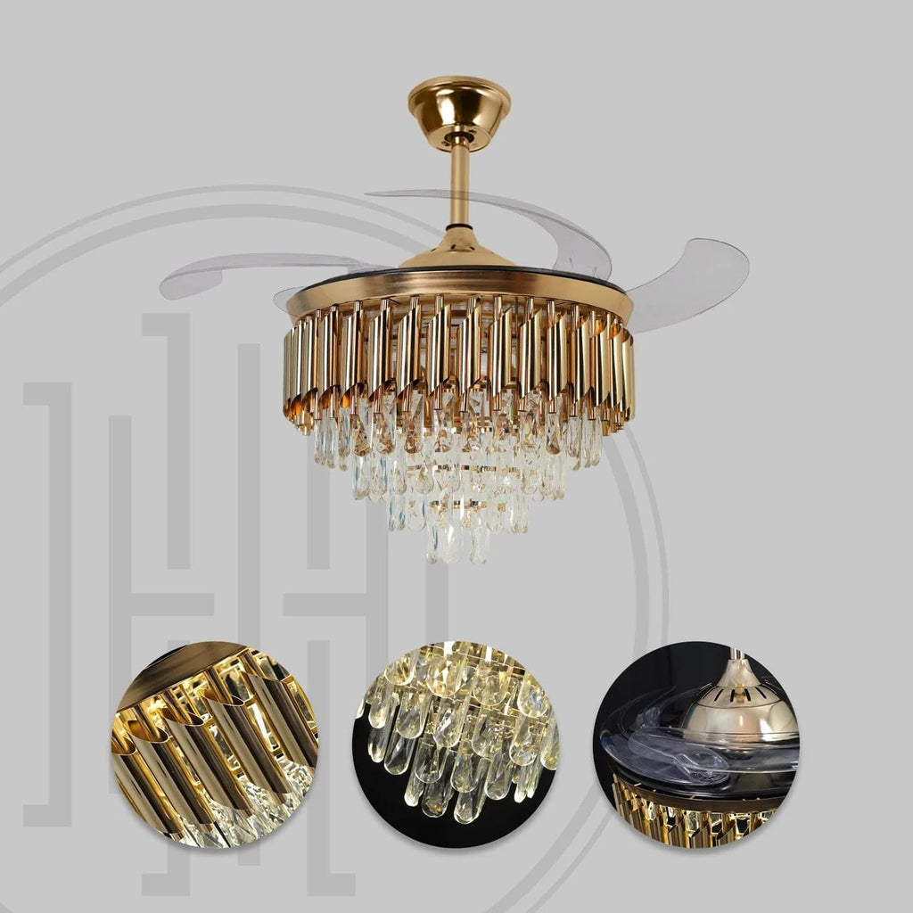 Harold Electricals Metal 42 Inchs Black Mamba Ceiling Fan Chandelier with Remote Control Retractable Blades - Trio Light Color(Inbuilt Led)