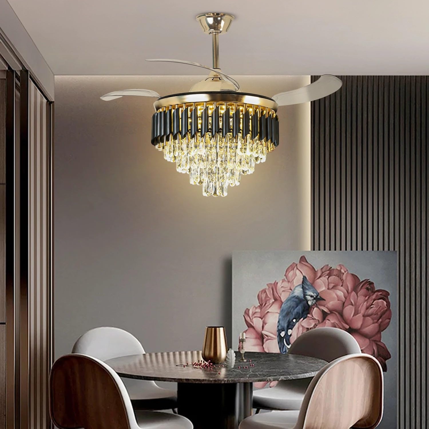 Harold Electricals Metal 42 Inchs Black Mamba Ceiling Fan Chandelier with Remote Control Retractable Blades - Trio Light Color(Inbuilt Led)