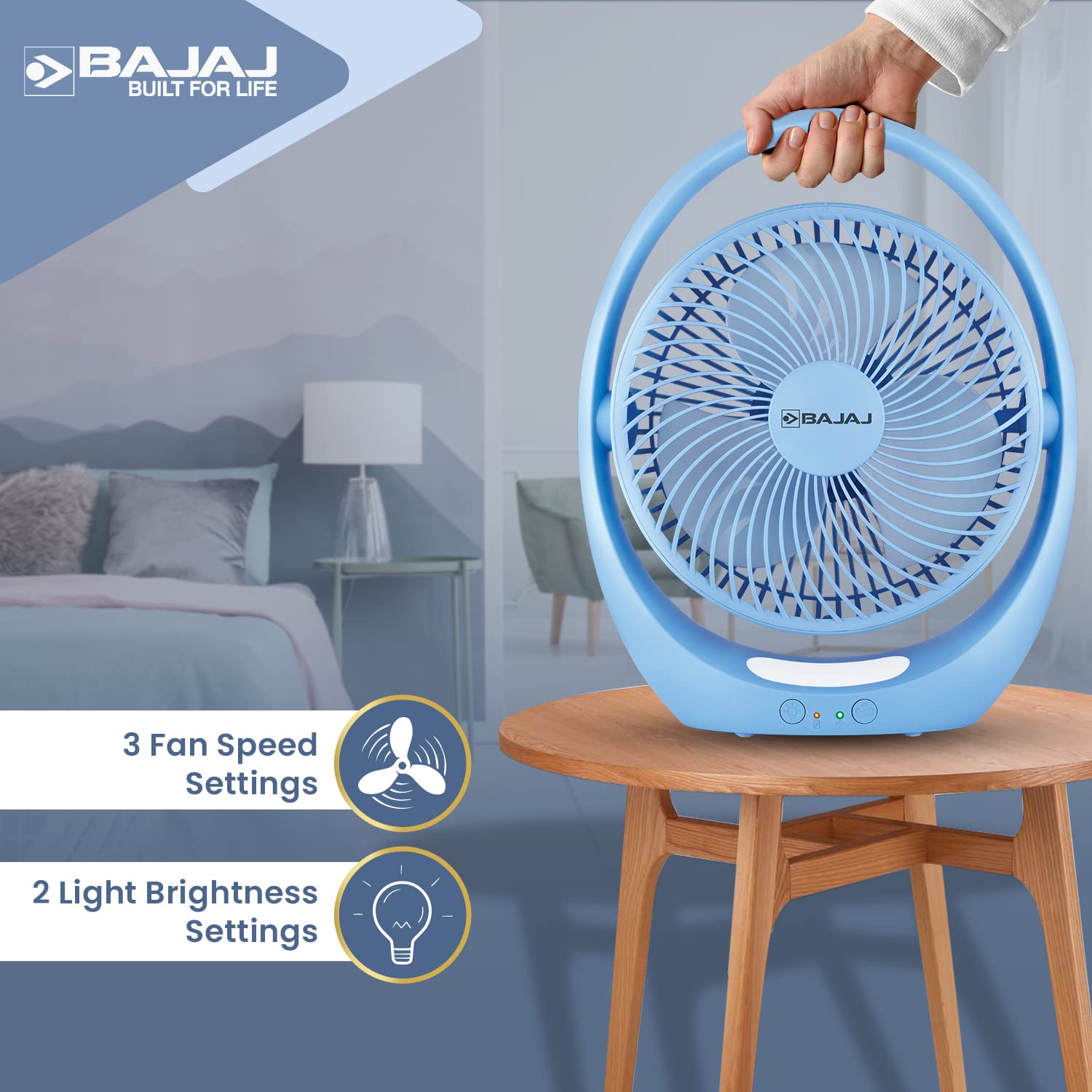Bajaj Pygmy Go 178MM Mini Fan with LED Lighting | Rechargeable | USB Charging | 4-hours Battery Backup | 3 Speed | 2-Light Brightness Setting | High Speed | Portable【Blue】