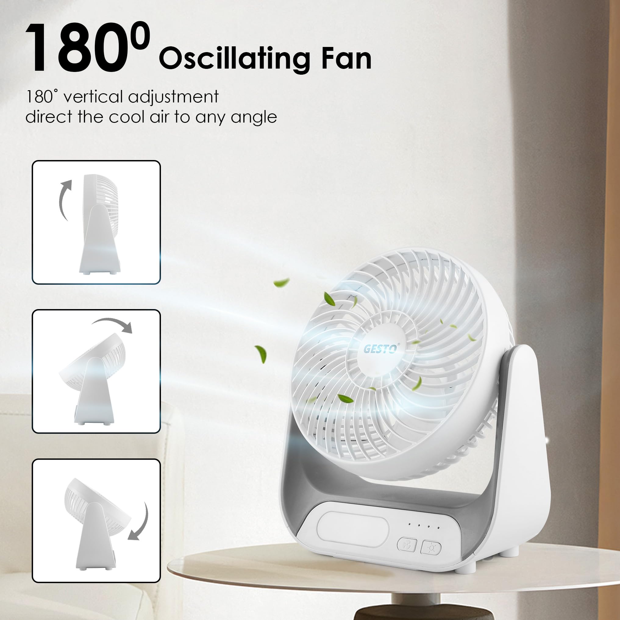 Gesto 7.4 Inch High Speed Rechargeable Table Fan for Home – USB Charging Battery Fan With Led Light | 2400mAh Battery, Upto 8 Hours Runtime | 3 Speed Modes Portable fan for Home, Office,Kitchen-Grey