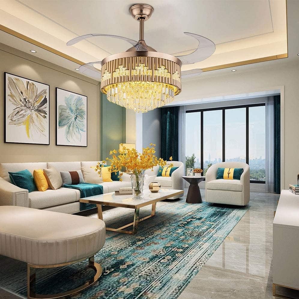 Harold Electricals Metal 42 Inchs Black Mamba Ceiling Fan Chandelier with Remote Control Retractable Blades - Trio Light Color(Inbuilt Led)