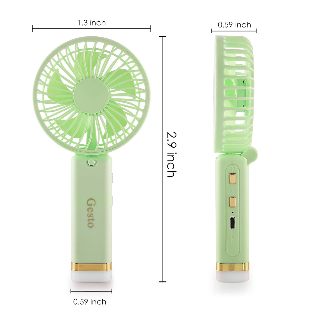 Gesto Portable Fan Rechargeable with LED Light – Foldable Mini Fan, Small Fan,USB Charging Hand Fan with 1200mAh Battery & 3 Speed Modes | Travel, Makeup, Kitchen,Women’s Personal Pankhaa - Green