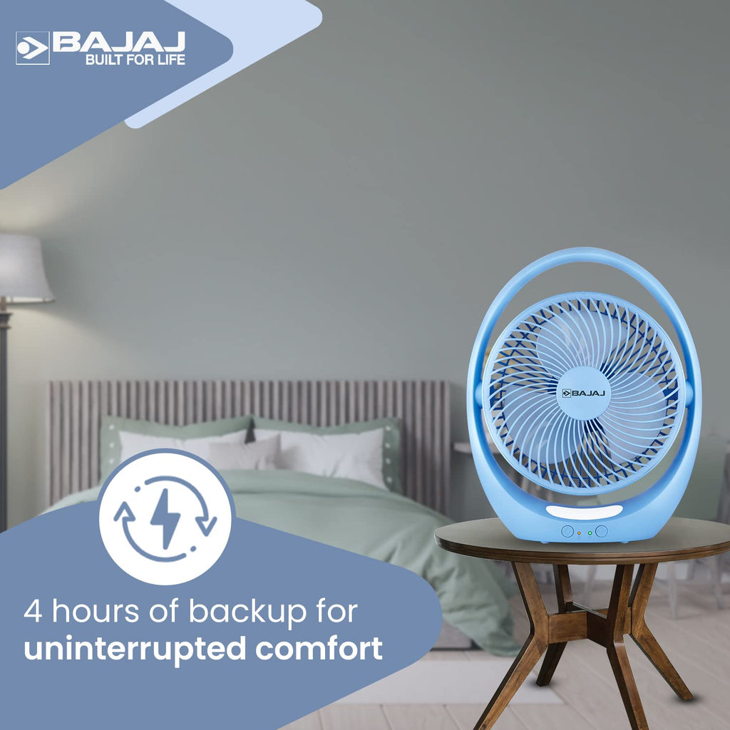 Bajaj Pygmy Go 178MM Mini Fan with LED Lighting | Rechargeable | USB Charging | 4-hours Battery Backup | 3 Speed | 2-Light Brightness Setting | High Speed | Portable【Blue】