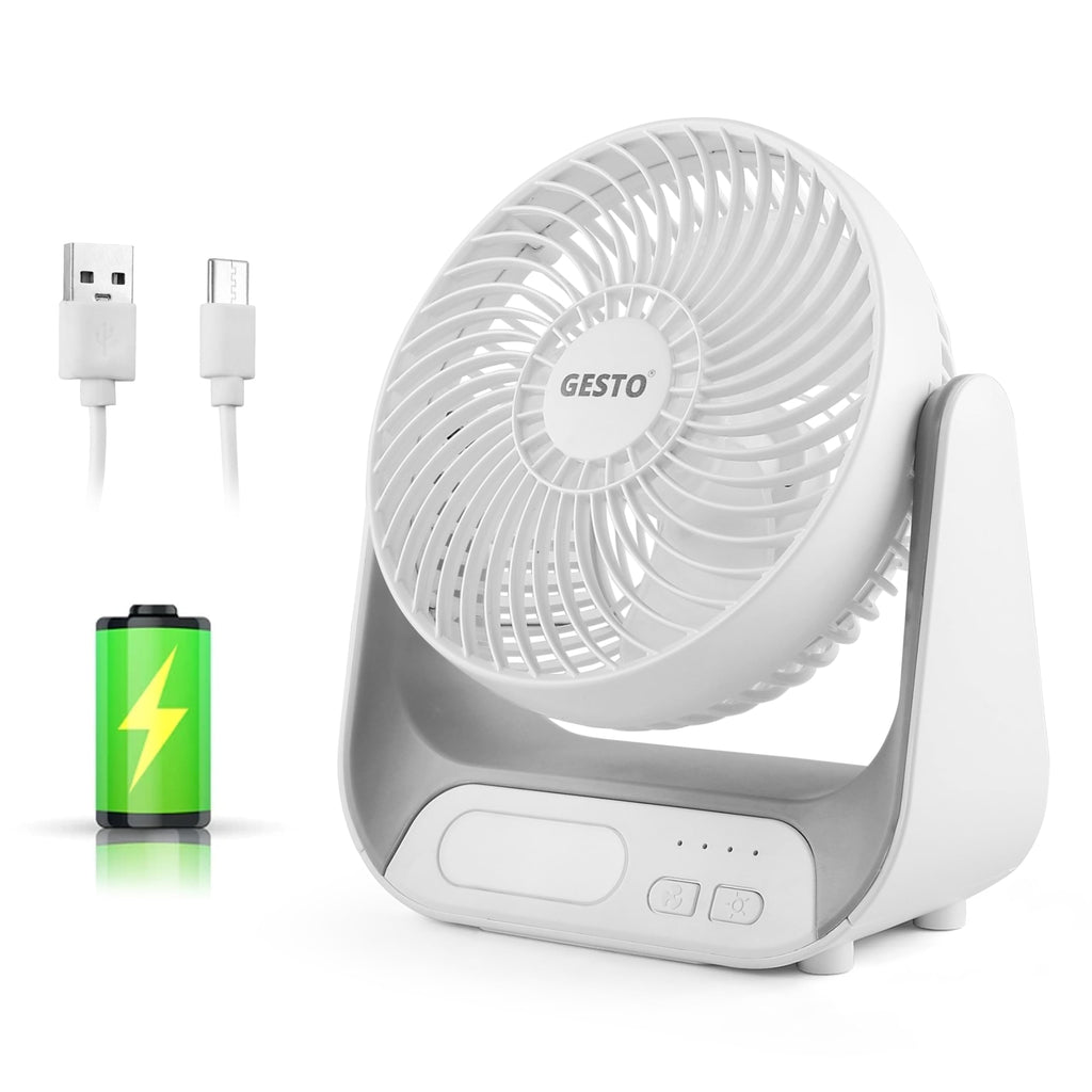 Gesto 7.4 Inch High Speed Rechargeable Table Fan for Home – USB Charging Battery Fan With Led Light | 2400mAh Battery, Upto 8 Hours Runtime | 3 Speed Modes Portable fan for Home, Office,Kitchen-Grey