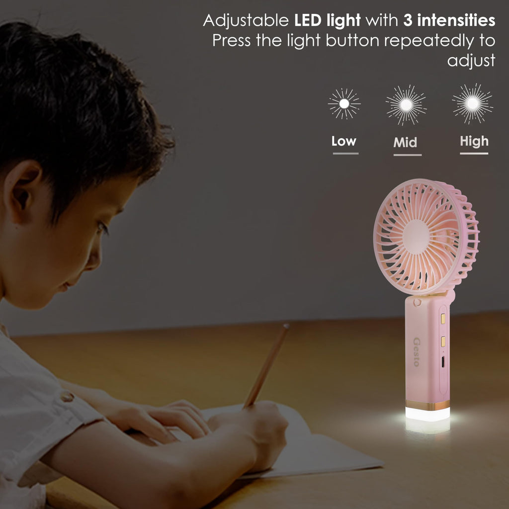 Gesto Portable Fan Rechargeable with LED Light – Foldable Mini Fan, Small Fan,USB Charging Hand Fan with 1200mAh Battery & 3 Speed Modes | Travel, Makeup, Kitchen,Women’s Personal Pankhaa - Green