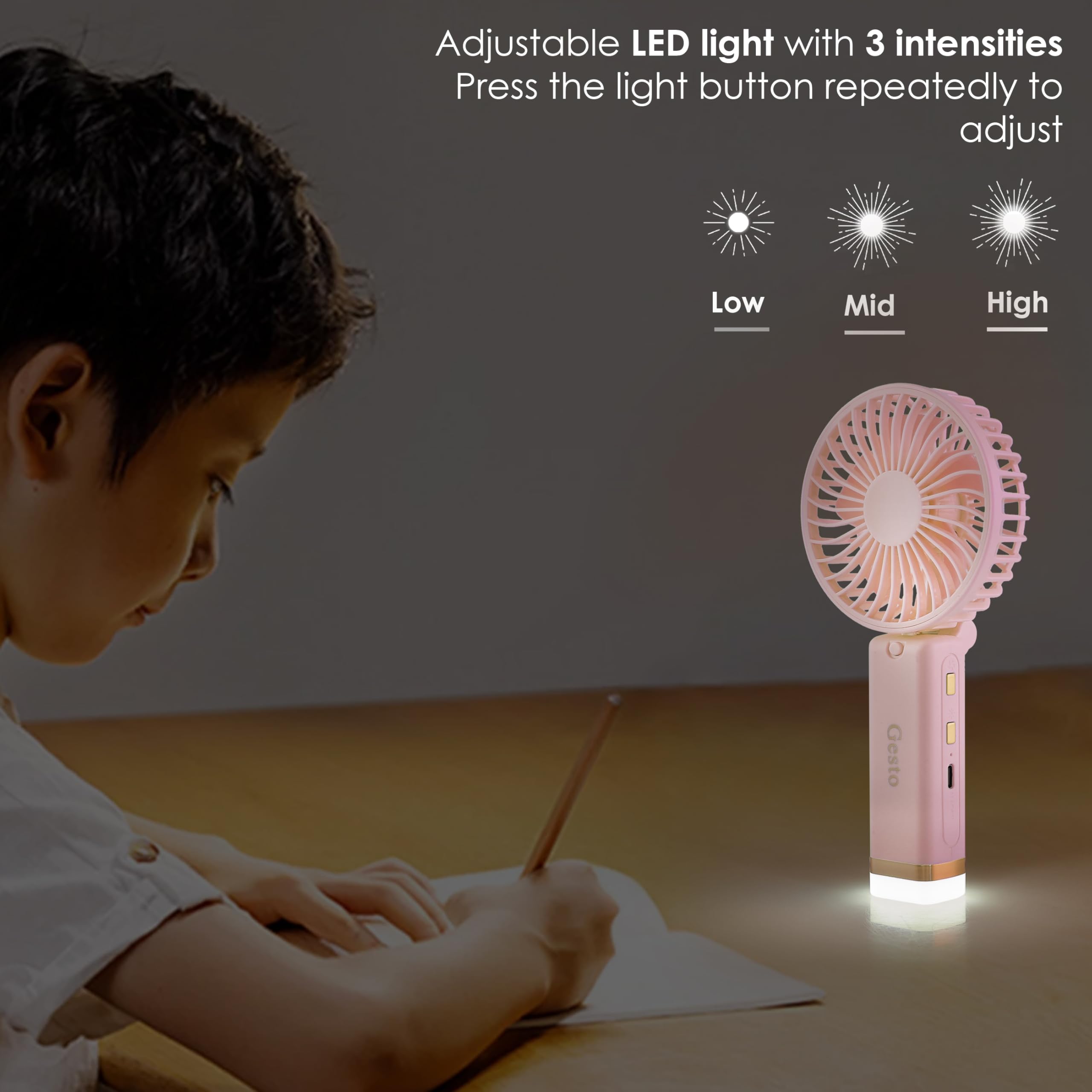 Gesto Portable Fan Rechargeable with LED Light – Foldable Mini Fan, Small Fan,USB Charging Hand Fan with 1200mAh Battery & 3 Speed Modes | Travel, Makeup, Kitchen,Women’s Personal Pankhaa - Green