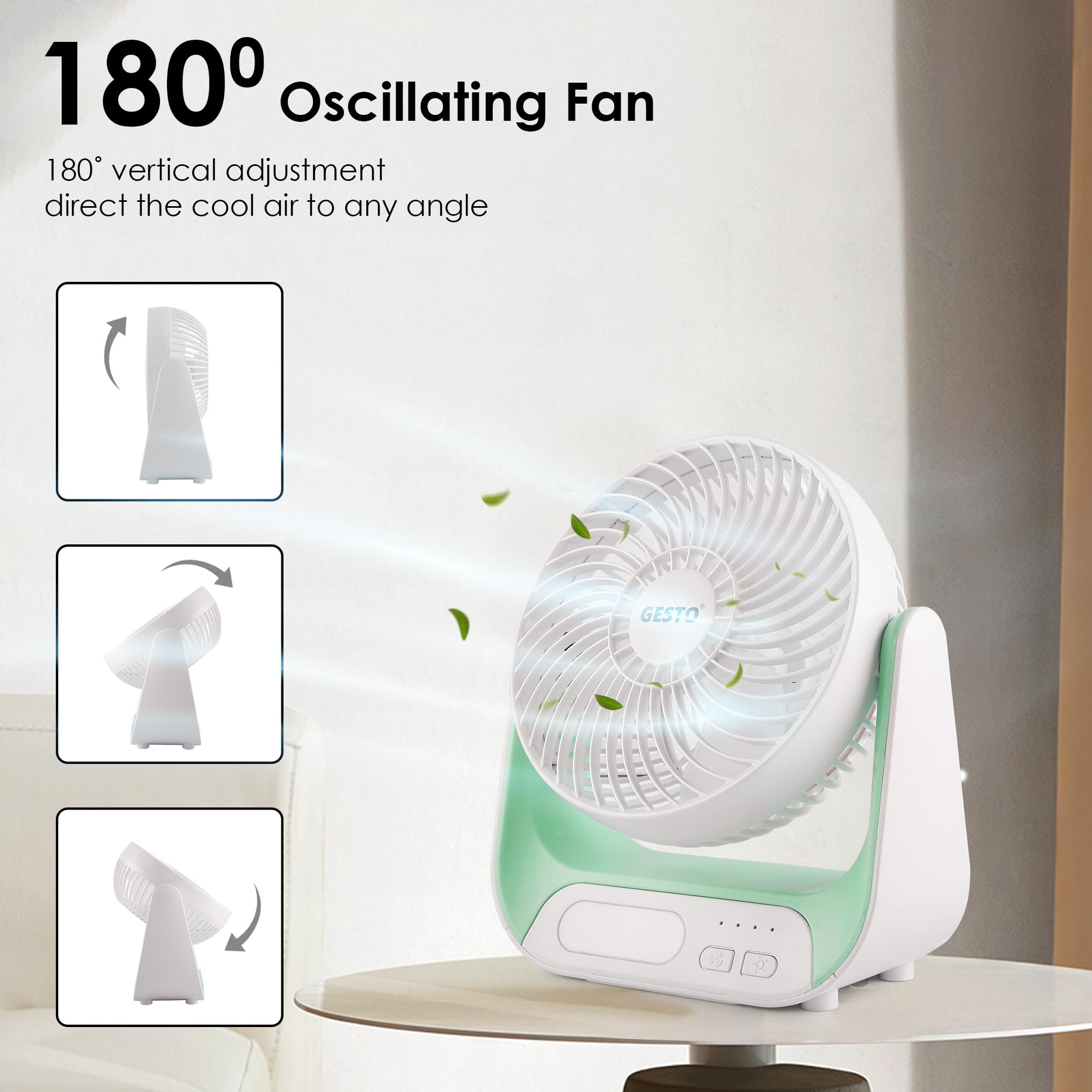 Gesto 7.4 Inch High Speed Rechargeable Table Fan for Home – USB Charging Battery Fan With Led Light | 2400mAh Battery, Upto 8 Hours Runtime | 3 Speed Modes Portable fan for Home, Office,Kitchen-Grey
