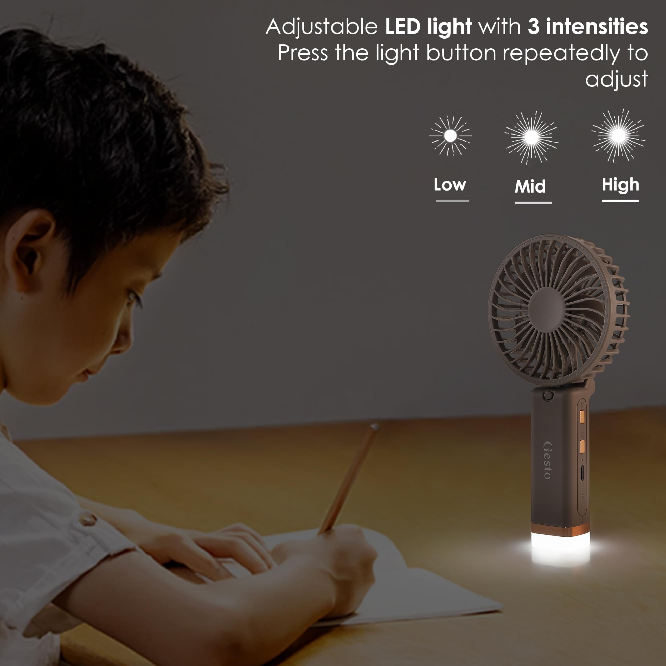 Gesto Portable Fan Rechargeable with LED Light – Foldable Mini Fan, Small Fan,USB Charging Hand Fan with 1200mAh Battery & 3 Speed Modes | Travel, Makeup, Kitchen,Women’s Personal Pankhaa - Green