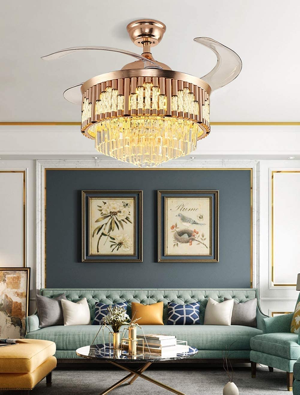 Harold Electricals Metal 42 Inchs Black Mamba Ceiling Fan Chandelier with Remote Control Retractable Blades - Trio Light Color(Inbuilt Led)