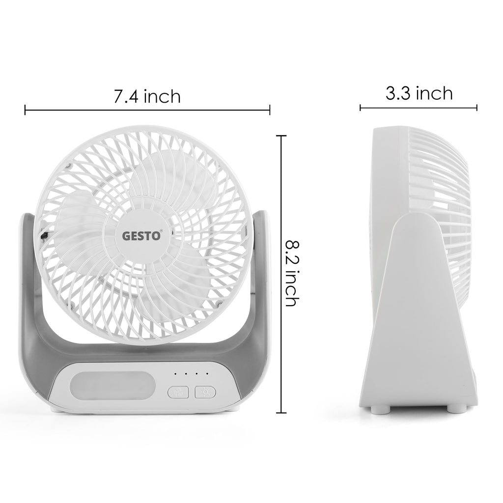 Gesto 7.4 Inch High Speed Rechargeable Table Fan for Home – USB Charging Battery Fan With Led Light | 2400mAh Battery, Upto 8 Hours Runtime | 3 Speed Modes Portable fan for Home, Office,Kitchen-Grey