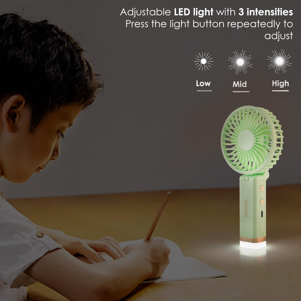 Gesto Portable Fan Rechargeable with LED Light – Foldable Mini Fan, Small Fan,USB Charging Hand Fan with 1200mAh Battery & 3 Speed Modes | Travel, Makeup, Kitchen,Women’s Personal Pankhaa - Green