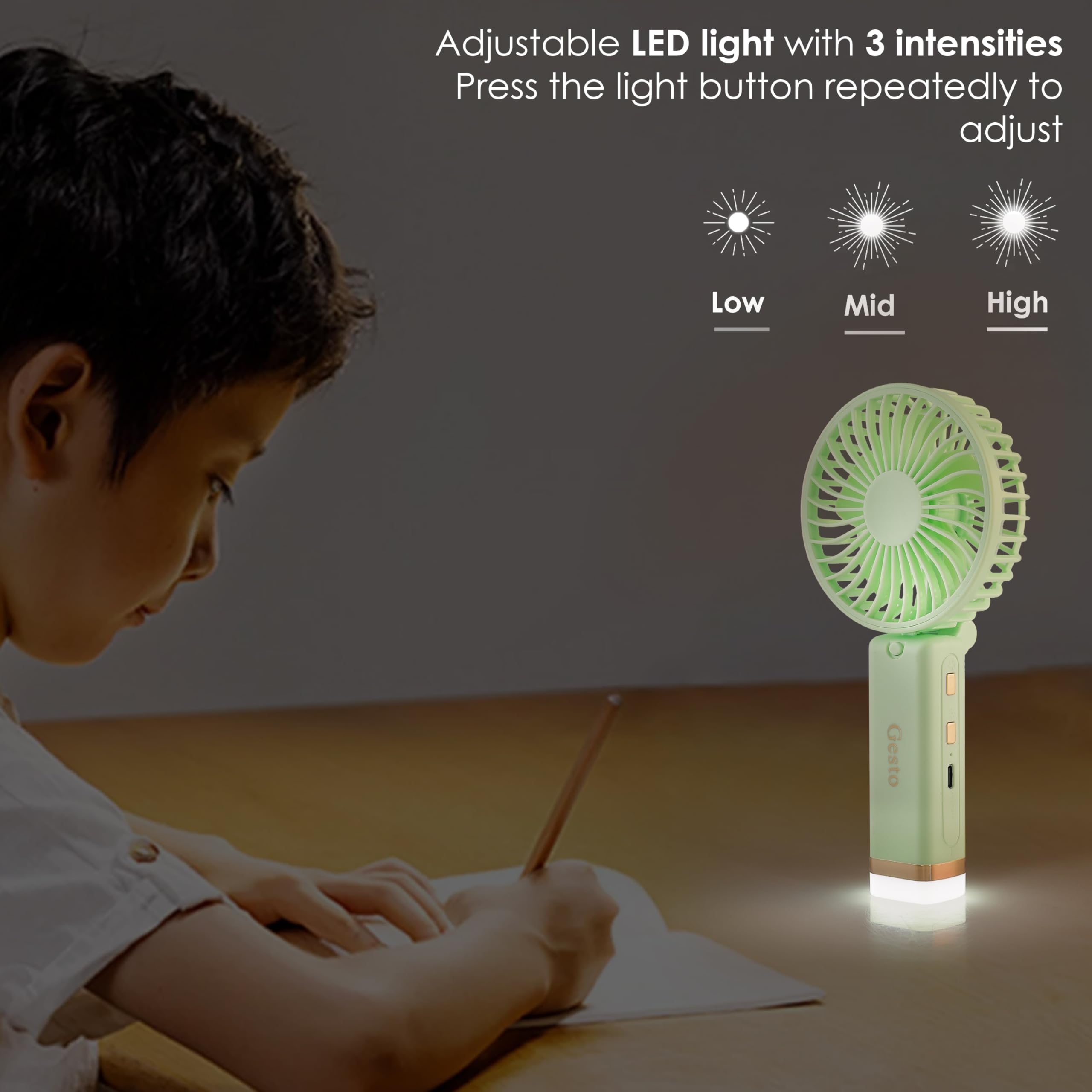 Gesto Portable Fan Rechargeable with LED Light – Foldable Mini Fan, Small Fan,USB Charging Hand Fan with 1200mAh Battery & 3 Speed Modes | Travel, Makeup, Kitchen,Women’s Personal Pankhaa - Green