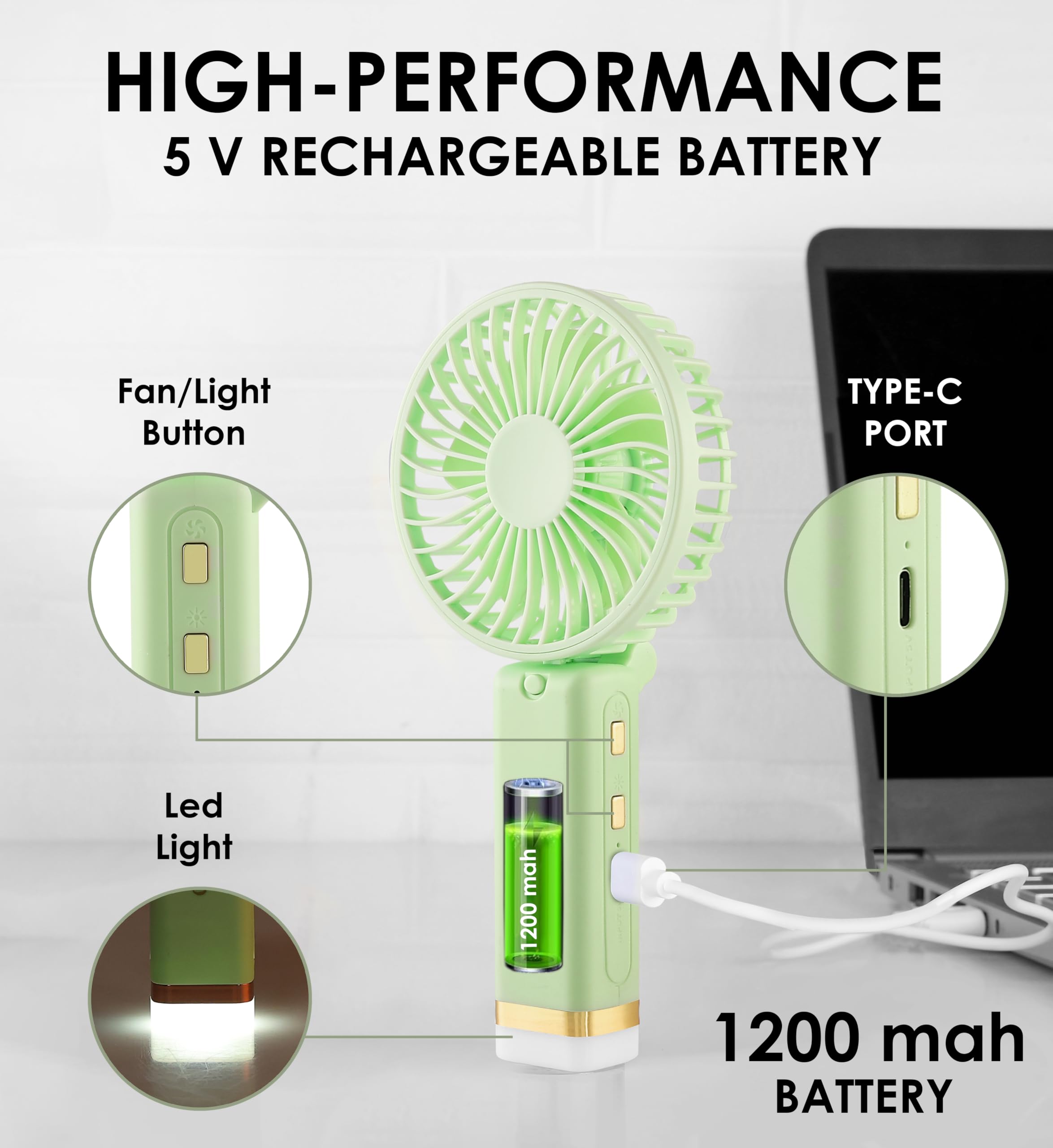 Gesto Portable Fan Rechargeable with LED Light – Foldable Mini Fan, Small Fan,USB Charging Hand Fan with 1200mAh Battery & 3 Speed Modes | Travel, Makeup, Kitchen,Women’s Personal Pankhaa - Green