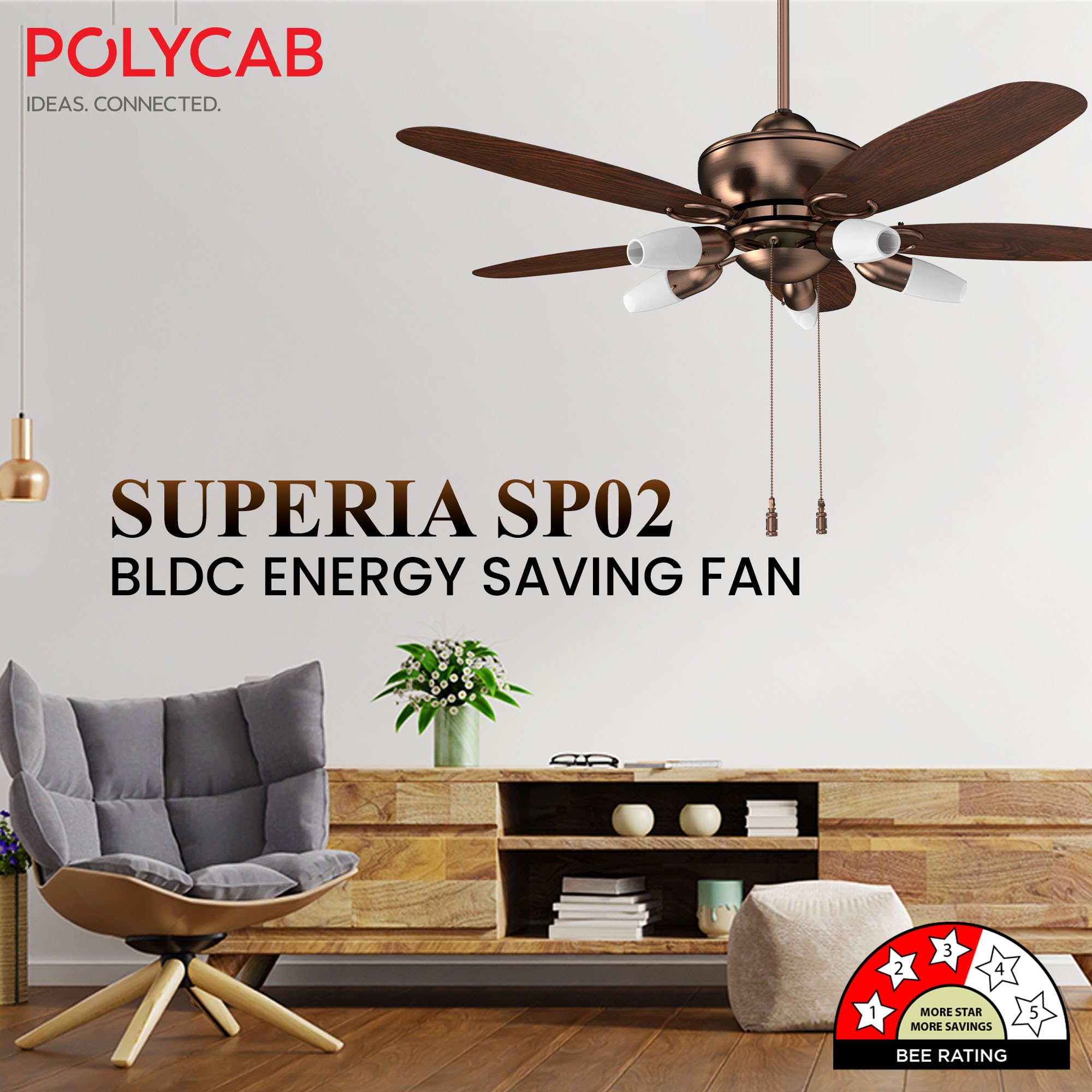 Polycab Superia SP02 Star Rated Premium BLDC 1200mm Ceiling Fan for home with Remote | Energy Saving, Clip-On Underlights, 100% Copper | 2-yr Warranty【Copper Rosewood】