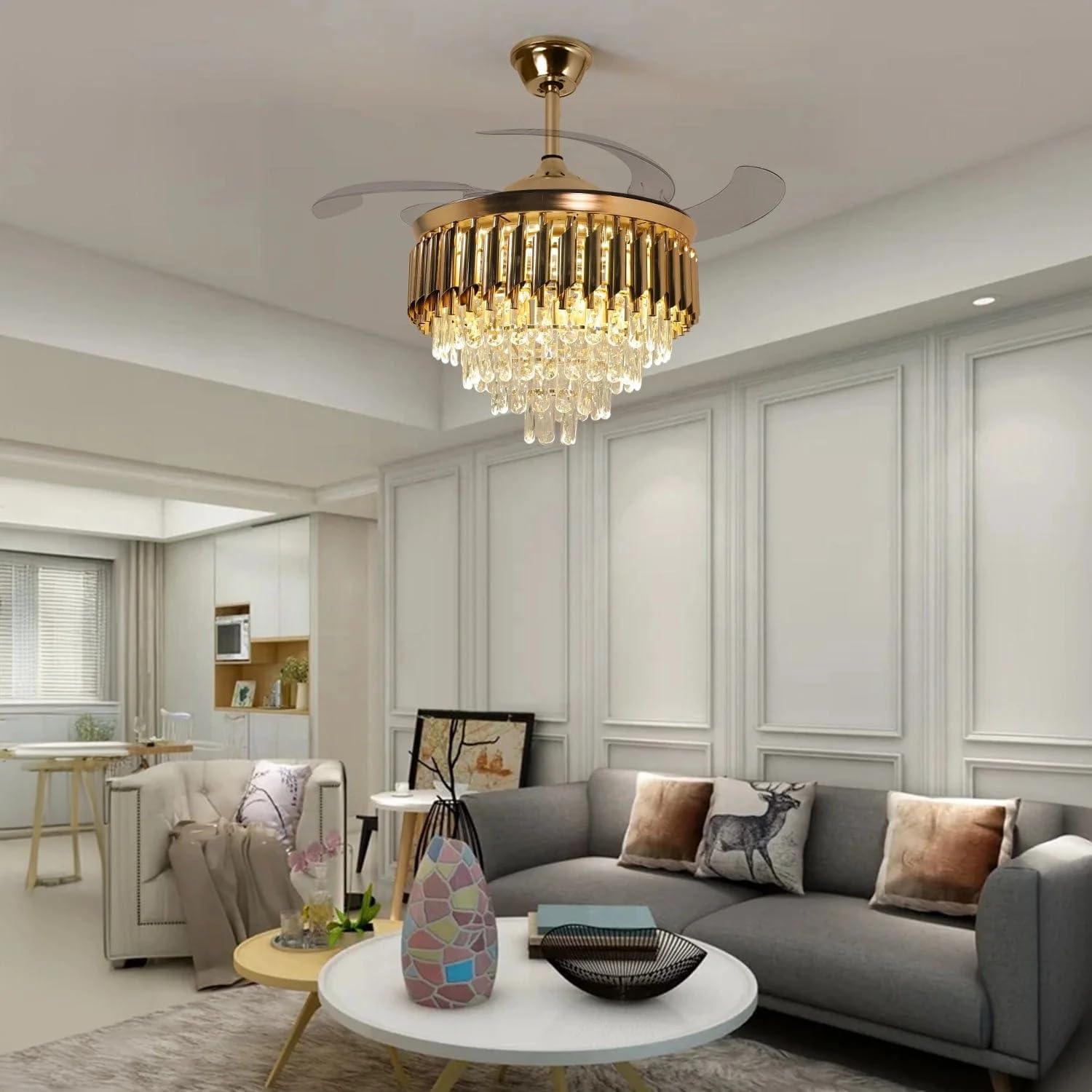 Harold Electricals Metal 42 Inchs Black Mamba Ceiling Fan Chandelier with Remote Control Retractable Blades - Trio Light Color(Inbuilt Led)