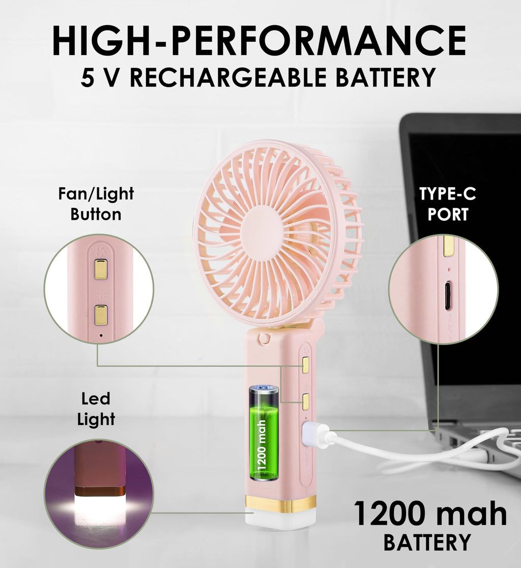 Gesto Portable Fan Rechargeable with LED Light – Foldable Mini Fan, Small Fan,USB Charging Hand Fan with 1200mAh Battery & 3 Speed Modes | Travel, Makeup, Kitchen,Women’s Personal Pankhaa - Green