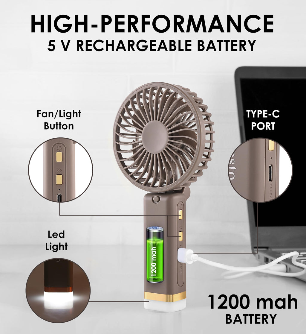 Gesto Portable Fan Rechargeable with LED Light – Foldable Mini Fan, Small Fan,USB Charging Hand Fan with 1200mAh Battery & 3 Speed Modes | Travel, Makeup, Kitchen,Women’s Personal Pankhaa - Green