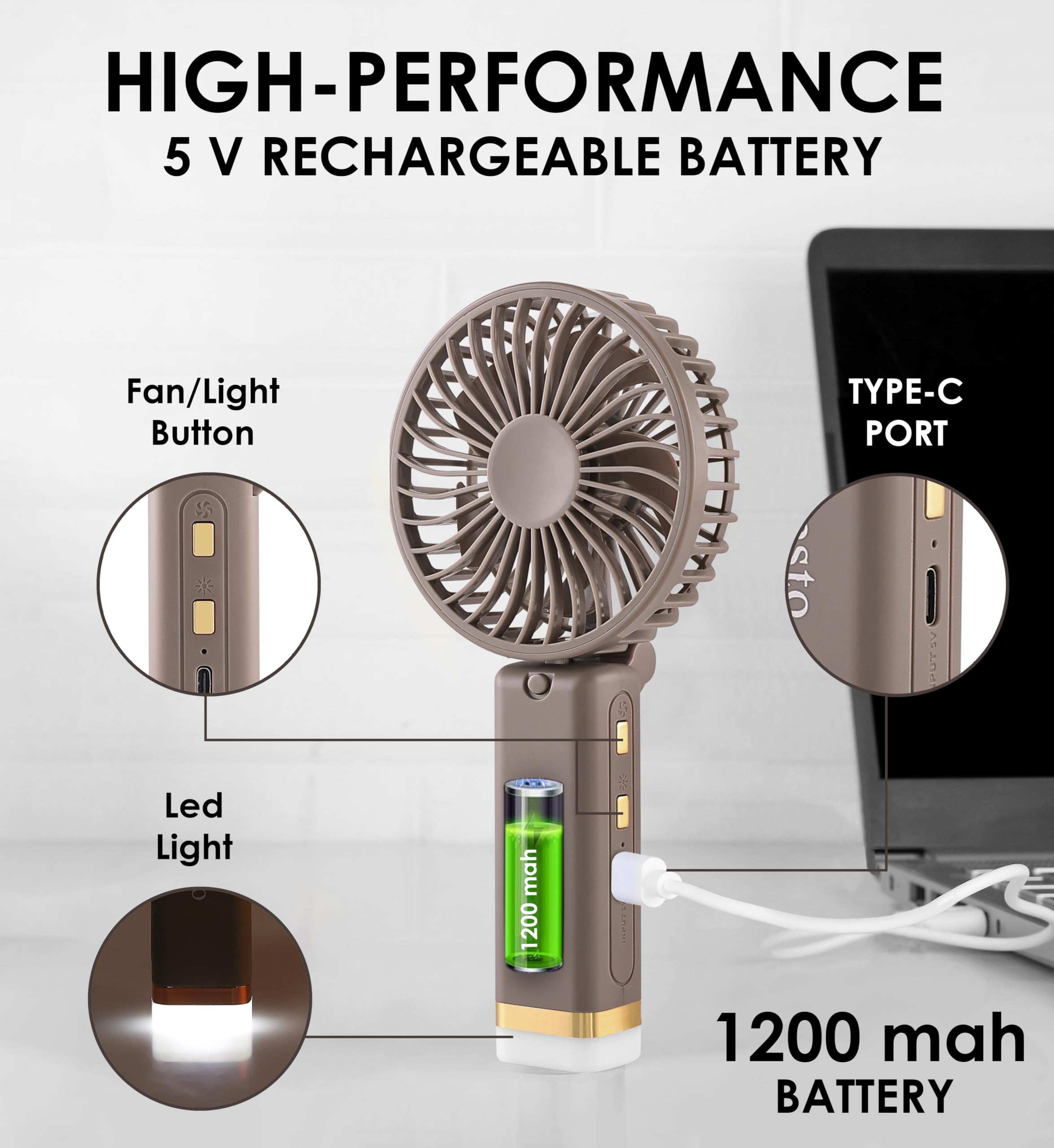 Gesto Portable Fan Rechargeable with LED Light – Foldable Mini Fan, Small Fan,USB Charging Hand Fan with 1200mAh Battery & 3 Speed Modes | Travel, Makeup, Kitchen,Women’s Personal Pankhaa - Green