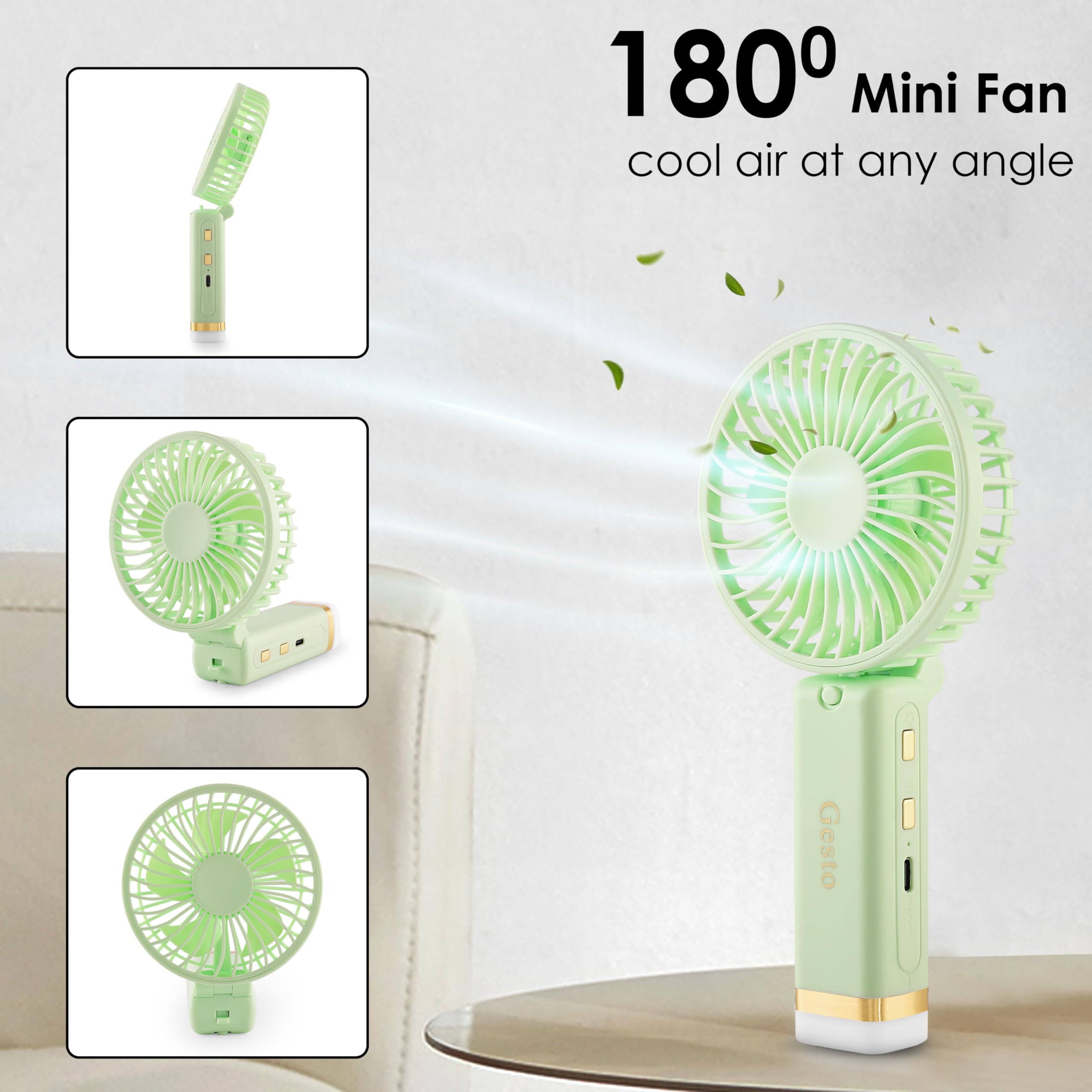 Gesto Portable Fan Rechargeable with LED Light – Foldable Mini Fan, Small Fan,USB Charging Hand Fan with 1200mAh Battery & 3 Speed Modes | Travel, Makeup, Kitchen,Women’s Personal Pankhaa - Green
