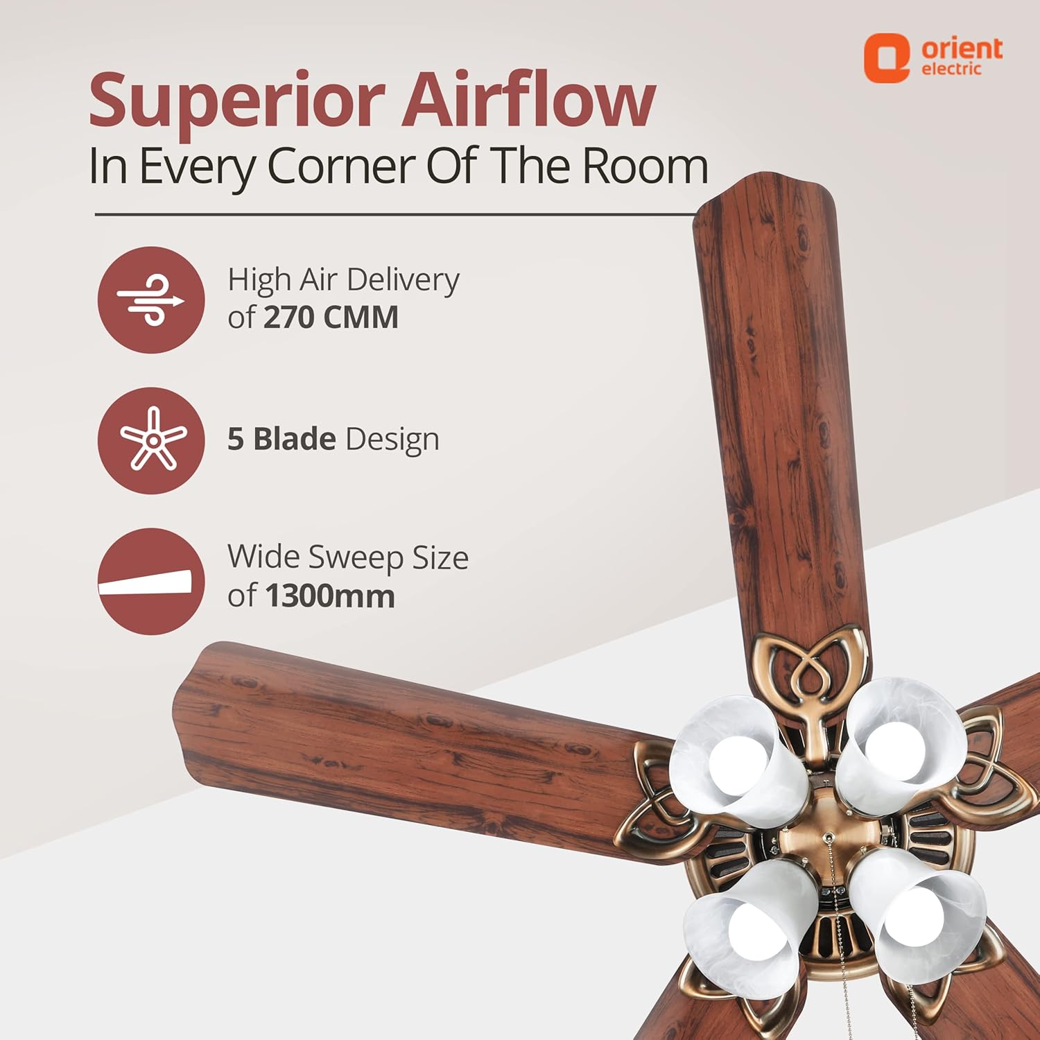 Orient Electric Subaris 1300mm Underlight Ceiling Fan with Remote | 100% Copper Motor | High Air Speed and Delivery | Antique Copper