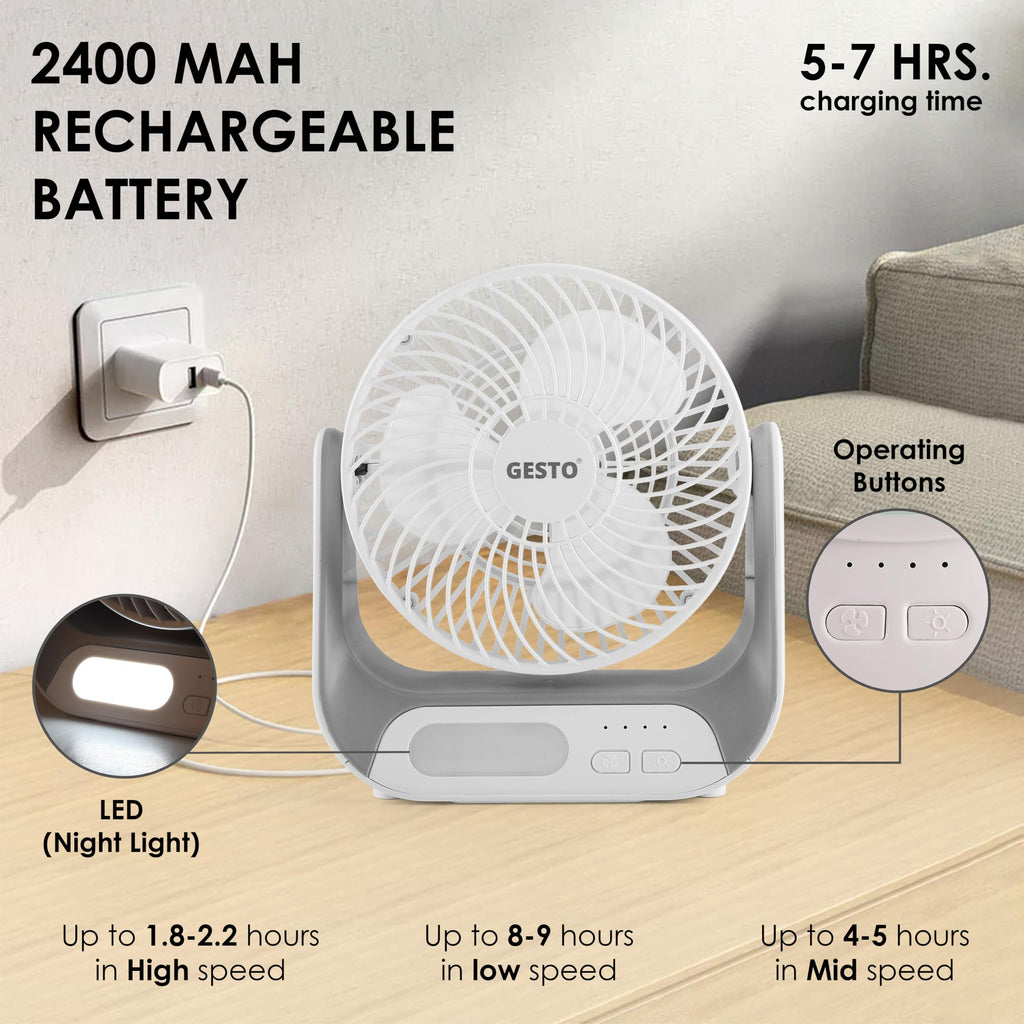 Gesto 7.4 Inch High Speed Rechargeable Table Fan for Home – USB Charging Battery Fan With Led Light | 2400mAh Battery, Upto 8 Hours Runtime | 3 Speed Modes Portable fan for Home, Office,Kitchen-Grey