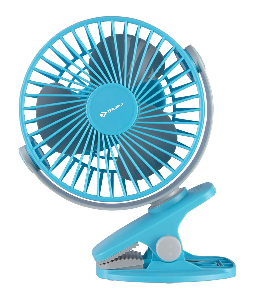 Bajaj Pygmy Go 178MM Mini Fan with LED Lighting | Rechargeable | USB Charging | 4-hours Battery Backup | 3 Speed | 2-Light Brightness Setting | High Speed | Portable【Blue】