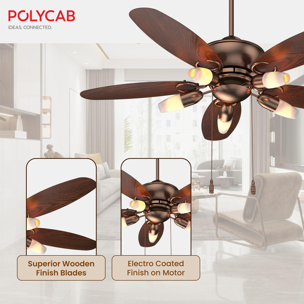 Polycab Superia SP02 Star Rated Premium BLDC 1200mm Ceiling Fan for home with Remote | Energy Saving, Clip-On Underlights, 100% Copper | 2-yr Warranty【Copper Rosewood】