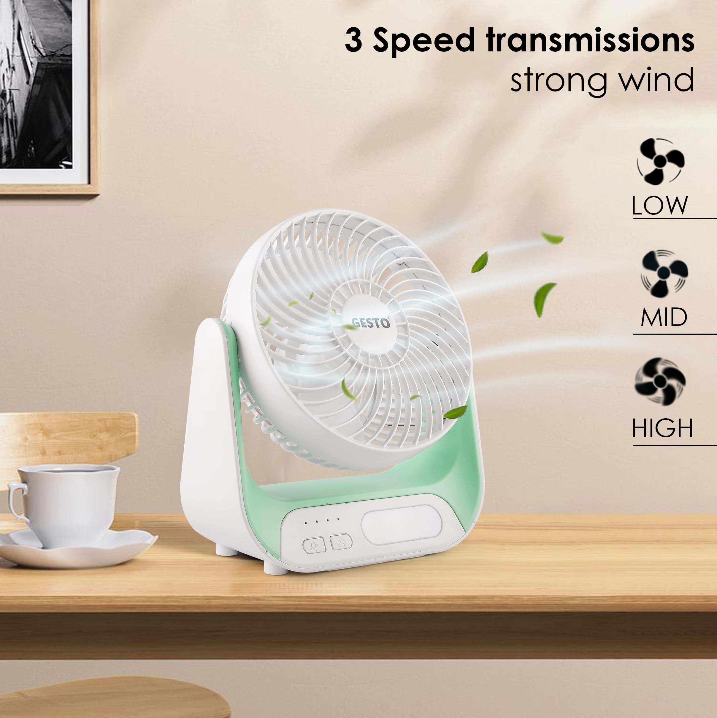 Gesto 7.4 Inch High Speed Rechargeable Table Fan for Home – USB Charging Battery Fan With Led Light | 2400mAh Battery, Upto 8 Hours Runtime | 3 Speed Modes Portable fan for Home, Office,Kitchen-Grey