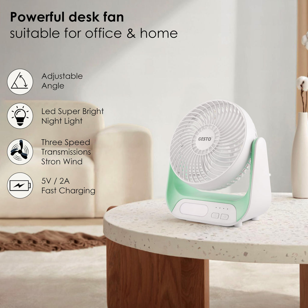 Gesto 7.4 Inch High Speed Rechargeable Table Fan for Home – USB Charging Battery Fan With Led Light | 2400mAh Battery, Upto 8 Hours Runtime | 3 Speed Modes Portable fan for Home, Office,Kitchen-Grey